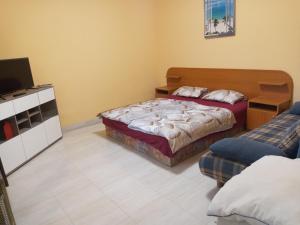 1 dormitorio con 2 camas y TV de pantalla plana en Napsugár apartmanház, en Balatonlelle