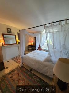 sypialnia z łóżkiem z baldachimem i stołem w obiekcie LE PRESBYTÈRE DE LA CITE ROYALE DE LOCHES w mieście Loches