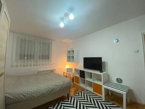 Dormitorio pequeño con cama y TV en Central & Cozy Apartment , Kolasin, Montenegro, en Kolašin