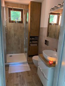 a bathroom with a shower and a toilet and a sink at Apartament Artemida Kletno in Stronie Śląskie +16 photos