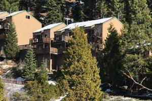 an aerial view of a building with trees at High Sierra Retreat with a view of Pinecrest lake in Pinecrest