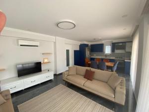 Una sala de estar con un sofá y un televisor de pantalla plana. en Villa Vista Gold, en Muğla