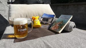 a glass of beer and a book on a bench at 35 meters from sea Sweat house with garden in Karlobag