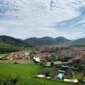 a small town with a green field and buildings at Allotjament Buixeda in Olot