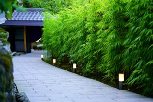 a path in front of a green hedge at Beppu Showaen in Beppu