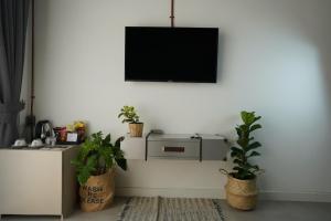 een woonkamer met potplanten en een televisie bij THE WOOD in Surin