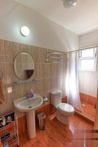 een badkamer met een wastafel, een toilet en een spiegel bij Peyia Resort Apartment in Peyia