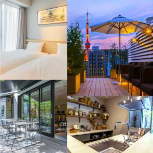 eine Collage mit Fotos eines Hotelzimmers mit einem Bett und einem Sonnenschirm in der Unterkunft Bay Hotel Tokyo Hamamatsucho in Tokio