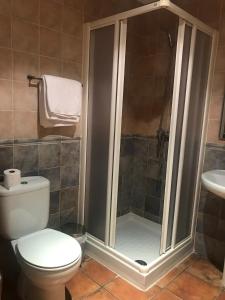 a bathroom with a shower with a toilet and a sink at Hostal Villa de Navarrete in Navarrete