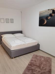 een slaapkamer met een bed in een kamer met een tapijt bij Focus Hun in Miercurea-Ciuc