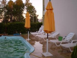 un grupo de sillas y sombrillas junto a una piscina en Pinares de Colon en Colón