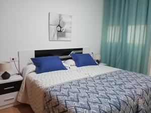 Solaina Parking gratuito في فيفييرو: غرفة نوم بسرير كبير مع وسائد زرقاء