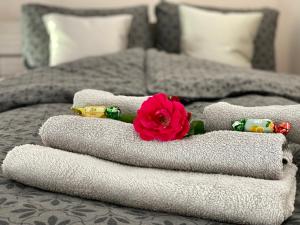 een stapel handdoeken en een bloem op een bed bij Apartamenty W Brzozowym Gaju in Kudowa-Zdrój