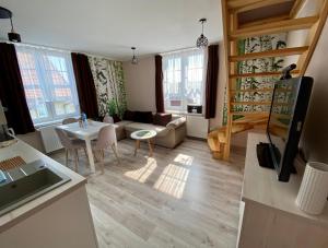 Televízia a/alebo spoločenská miestnosť v ubytovaní Apartamenty W Brzozowym Gaju