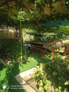 a picnic table in a garden under a tree at Стаи за гости Тамара in Ezerets