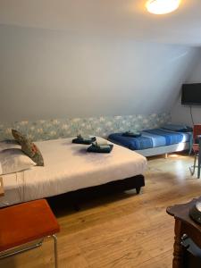 een slaapkamer met 2 bedden en blauwe kussens bij Achterom 7 in Hoorn