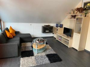 ein Wohnzimmer mit einem Sofa und einem Tisch in der Unterkunft Elegantes Apartment in Wendelstein