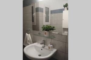La salle de bains est pourvue d'un lavabo et d'un miroir. dans l'établissement Aigli's Urban Lodge, à Vólos