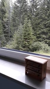 a dresser in front of a large window with trees at Casa vacanza Terry a Sella Nevea in Sella Nevea