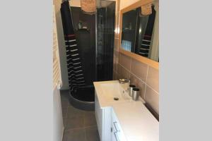a bathroom with a sink and a shower and a mirror at Calme et spacieux près du Loing et du centre in Moret-sur-Loing +7 photos