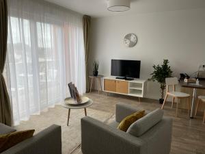 DOMITYS LES NOTES FLORALES في Combs-la-Ville: غرفة معيشة مع أريكة وتلفزيون