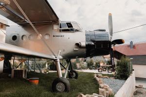 an airplane sitting on the grass in a yard at Antonov im Garten – Flugzeug-Ferienwohnung in Altendorf