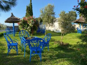 un grupo de sillas azules y una mesa en un patio en La Perle De Briech, en Asilah