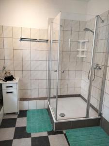 y baño con ducha y puerta de cristal. en Ferienwohnung Neheim mit Dennis und Alexander Alexander mit Klimaanlage, en Neheim-Hüsten