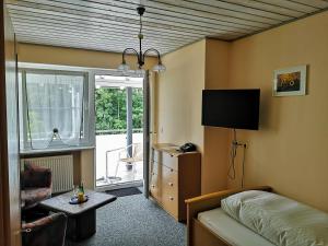 um quarto com uma cama, uma televisão e uma janela em Pension Martinus em Neustadt an der Donau