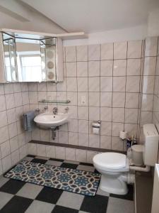 a bathroom with a toilet and a sink at Ferienwohnung Neheim mit Dennis und Alexander Alexander mit Klimaanlage in Neheim-Hüsten