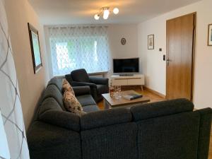 a living room with a couch and a tv at Ferienhaus an den Maaren in Schalkenmehren