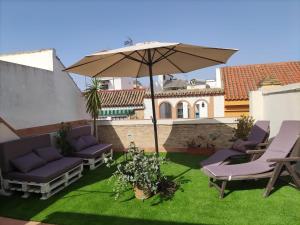 patio con sedie e ombrellone sull'erba di Pureza Triana 88 a Siviglia