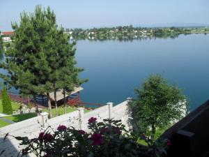 a view of a lake from a balcony with flowers at Apartmán s terasou in Senec