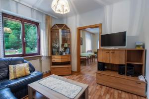 a living room with a couch and a flat screen tv at Ferienwohnung Helga Bergkirchner in Schwallenbach