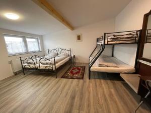 a room with two bunk beds and a wooden floor at Ferienwohnung Einstein in Feldkirch