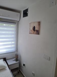 Dormitorio con ventana, cama y mesa en Apartmani Radaković, en Vrdnik