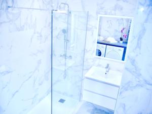 a white bathroom with a shower and a sink at Oasis au Coeur de Ville Sens in Sens +34 photos