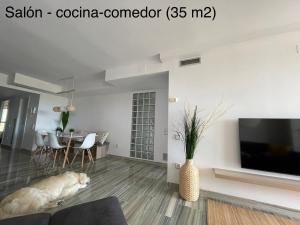 a living room with a dog laying on the floor at Vistas al mar, en el club náutico de Sant Carles de la Rápita, 3 dormitorios in Sant Carles de la Ràpita