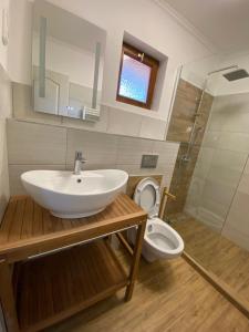 a bathroom with a sink and a toilet at Cserke Apartmanház in Cserkeszőlő