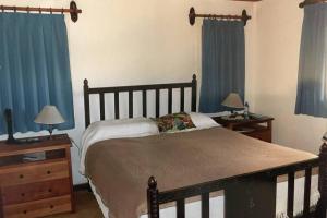 ビージャ・ラ・アンゴストゥーラにあるNanihue Casa de Montaña con vista al Lagoのベッドルーム1室(青いカーテン付きの大型ベッド1台付)