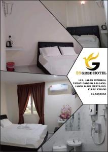 two pictures of a bedroom with a bed and a bathroom at 28 Gred Hotel in Bukit Mertajam
