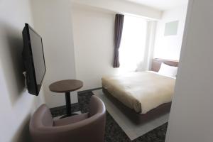 a bedroom with a bed and a tv and a chair at Hotel New Gaea Nishi Kumamoto Ekimae in Kumamoto