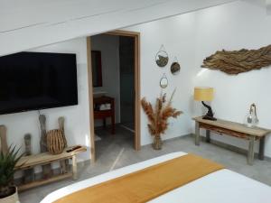 a bedroom with a flat screen tv on a wall at Appartement au dessus de la maison du Saunier in Salin-de-Giraud