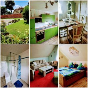 a collage of pictures of a kitchen and a living room at Ferienwohnung am Schloss in Reuterstadt Stavenhagen