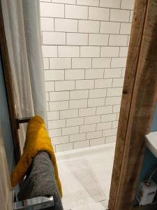 uma casa de banho com um chuveiro com azulejos brancos em Alderbank, Harrapool, IV499AE em Broadford