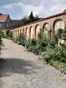 a brick wall with a row of plants at Ferienwohnung am Schloss in Reuterstadt Stavenhagen