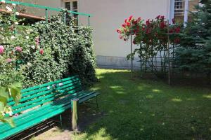 ワルシャワにあるApartament Podwale by Your Freedomの花の庭に座る緑のベンチ