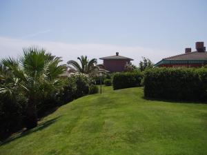 a green yard with palm trees and a building at Rocca Ruja Vip in Stintino