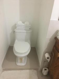 uma casa de banho com um WC branco com toalhas em Treaysures em Santa Cruz