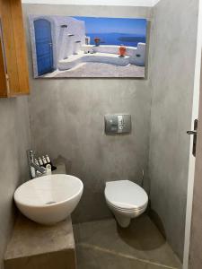 a bathroom with a toilet and a picture on the wall at AEGEAN VIEW SEASIDE ROOMS AND STUDIOS KEA in Korissia